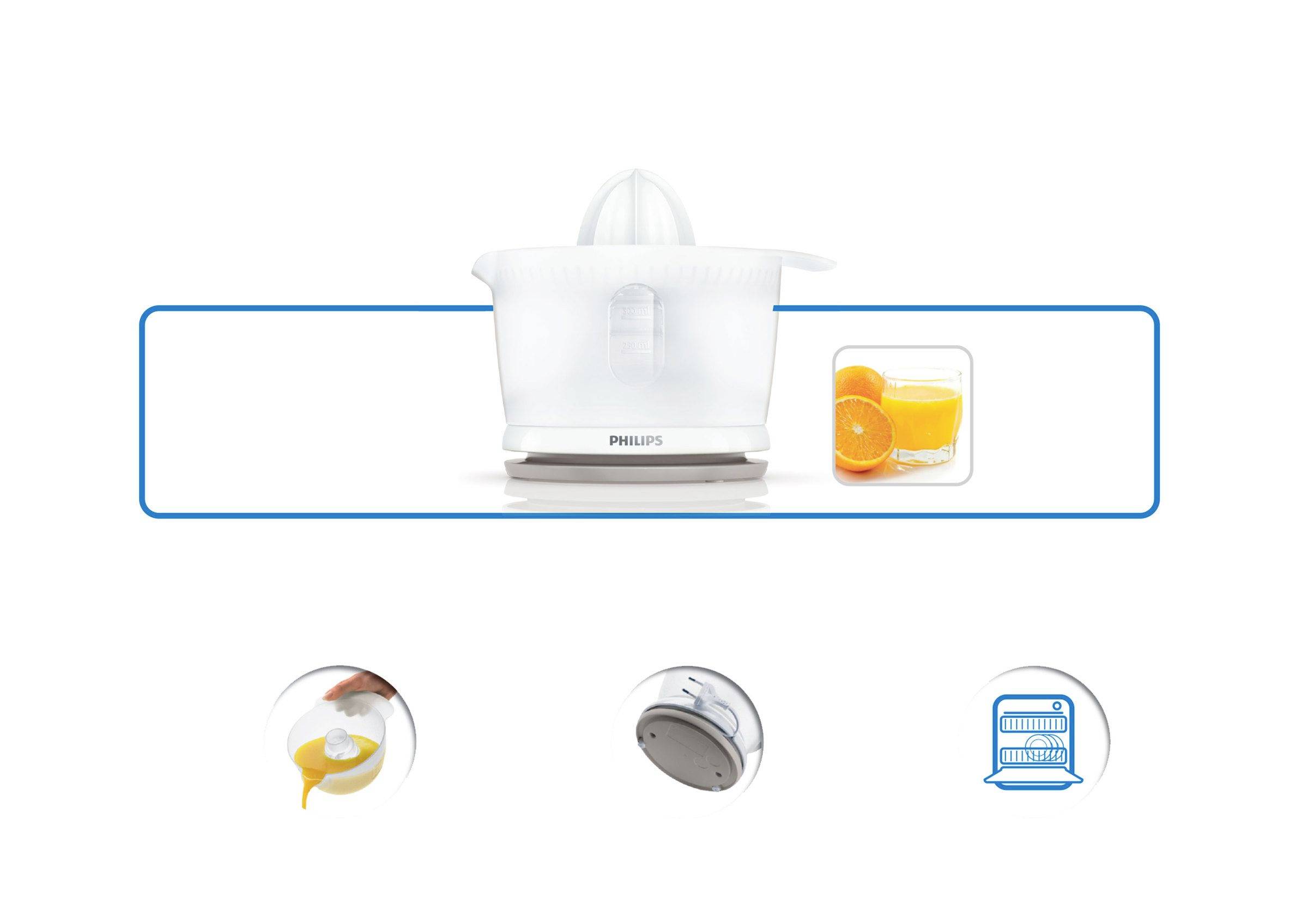 Ein elektrischer Entsafter, Marke Philips, mit einem Glas Orangensaft daneben. Darunter Symbole: leicht zu reinigen, rutschfest, spülmaschinenfest.