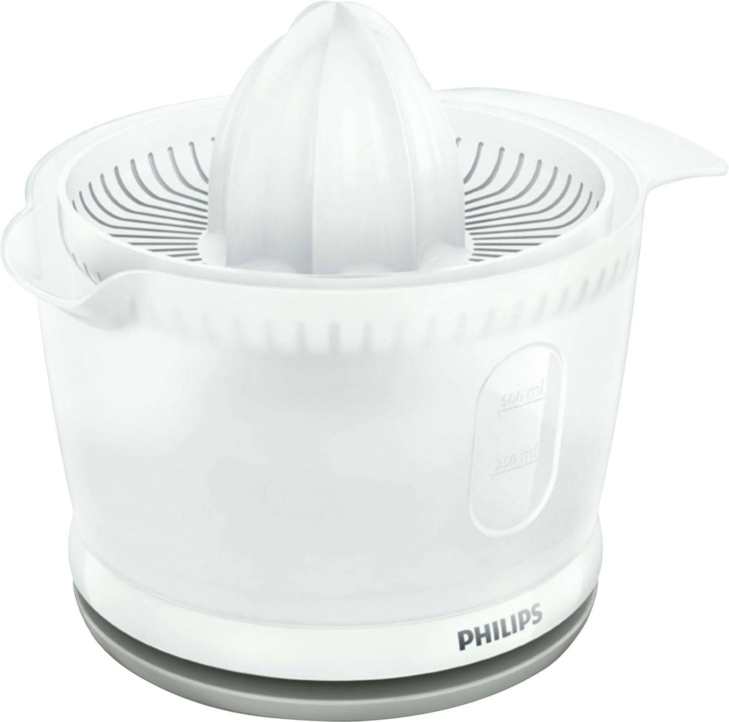 Ein weißer elektrischer Zitrusentsafter der Marke Philips mit Messskala an der Seite.