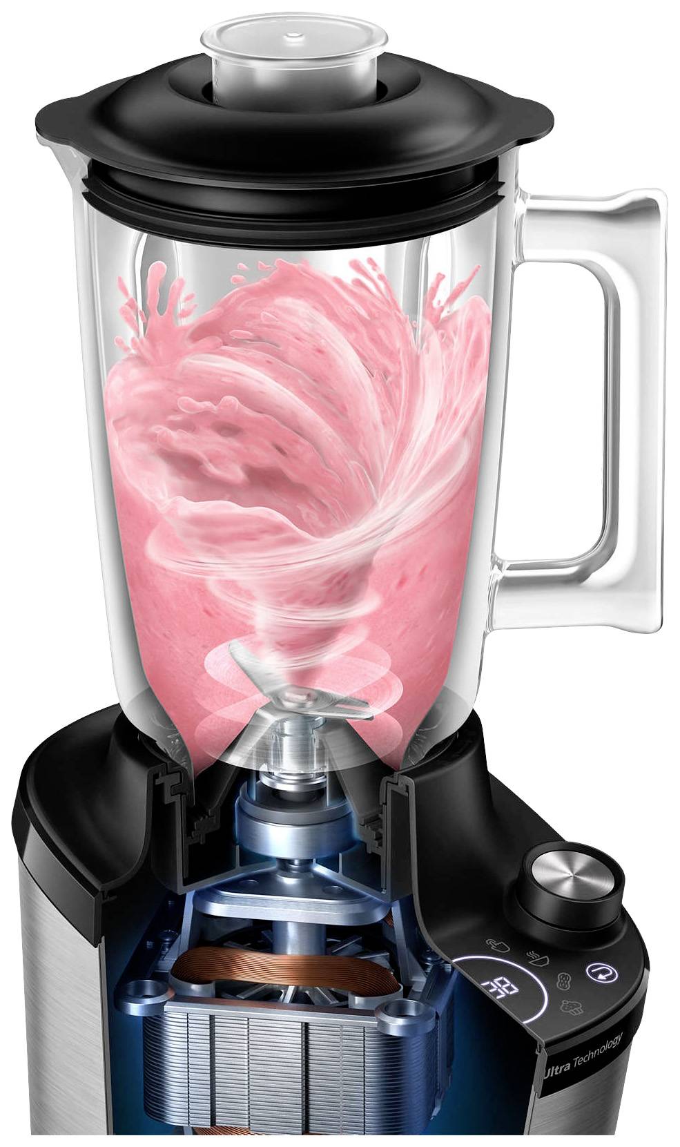 Ein durchsichtiger Mixer zeigt, wie ein dickflüssiger rosa Smoothie vermischt wird. Die Ansicht zeigt auch den Motor im Inneren.