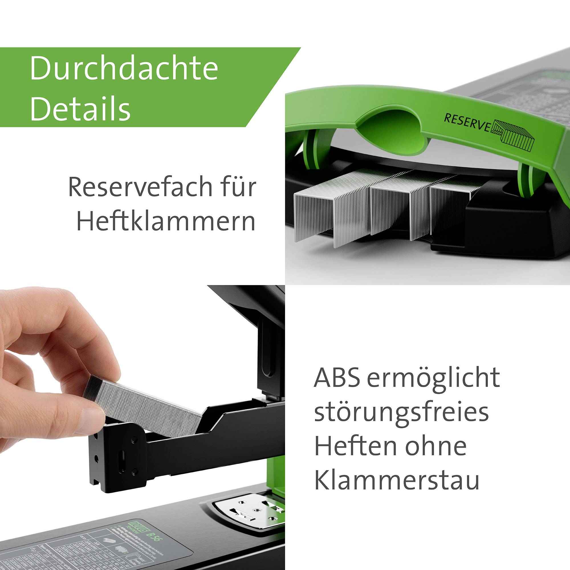 'Durchdachte Details' mit grünem Bürotacker und Reservefach für Heftklammern. Hand legt Klammern ein. Text: 'ABS ermöglicht störungsfreies Klammern ohne Heftstaus'.