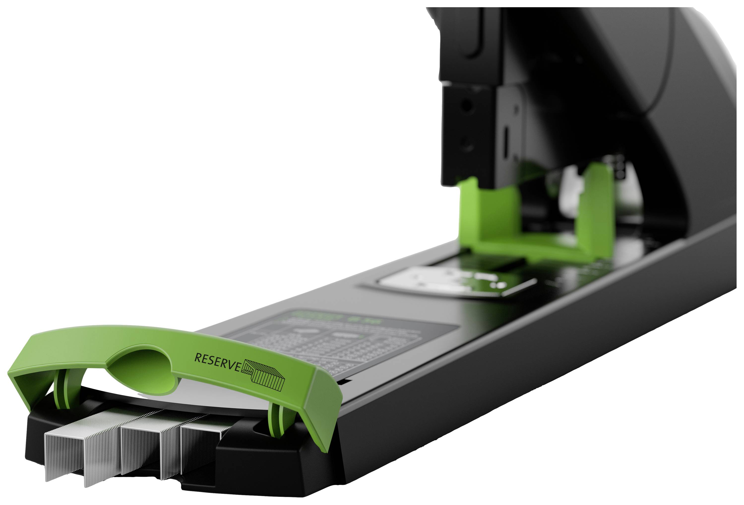 Ein schwarzer und grüner Bürolocher mit vier Löchern, teilweise geöffnet.