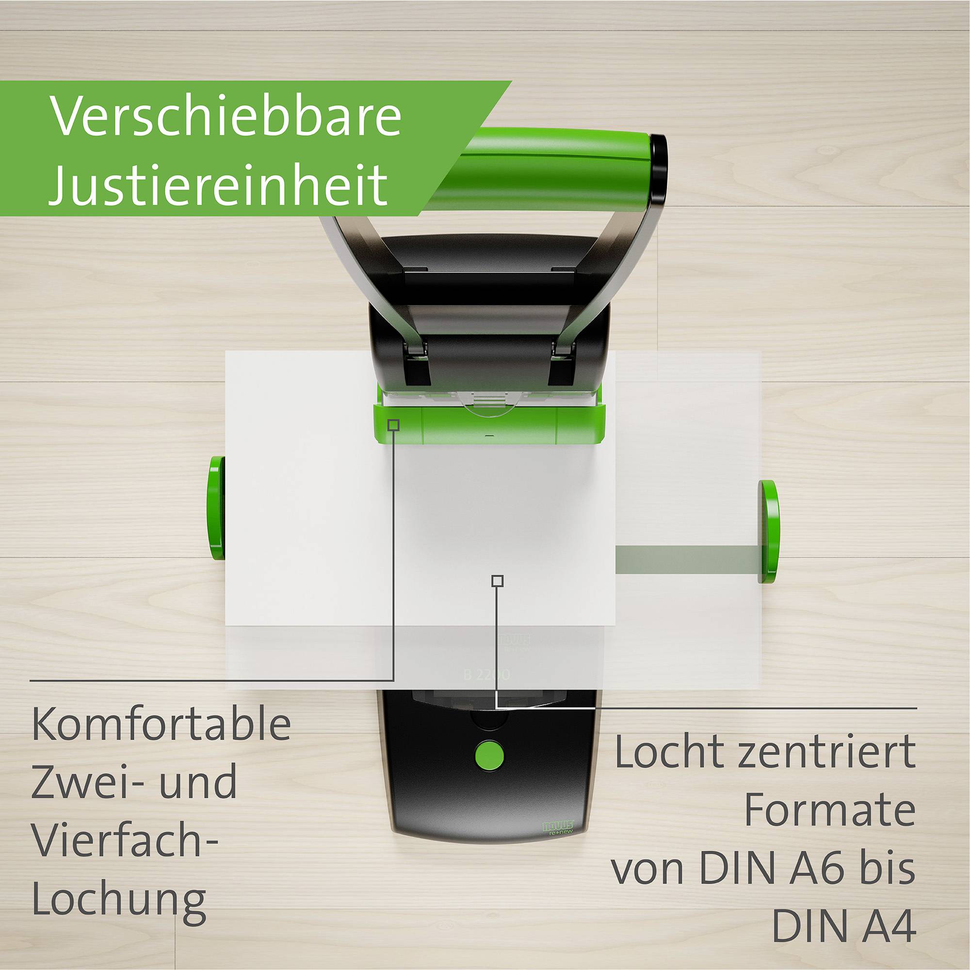 'Verschiebbare Justiereinheit', zeigt ein Gerät mit Hebel für präzises Lochen von Papierformaten A6 bis A4, Zwei- und Vierfach-Lochung.