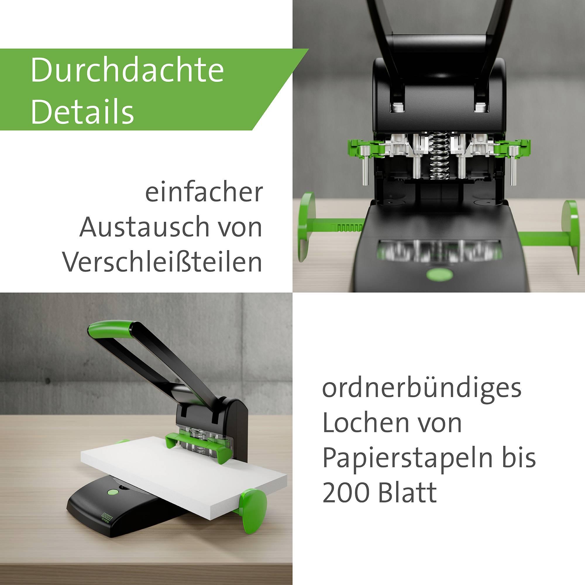 Lochgerät mit grünem und schwarzem Design, einfaches Austauschen von Verschleißteilen, locht bis zu 200 Blatt ordnerbündig.