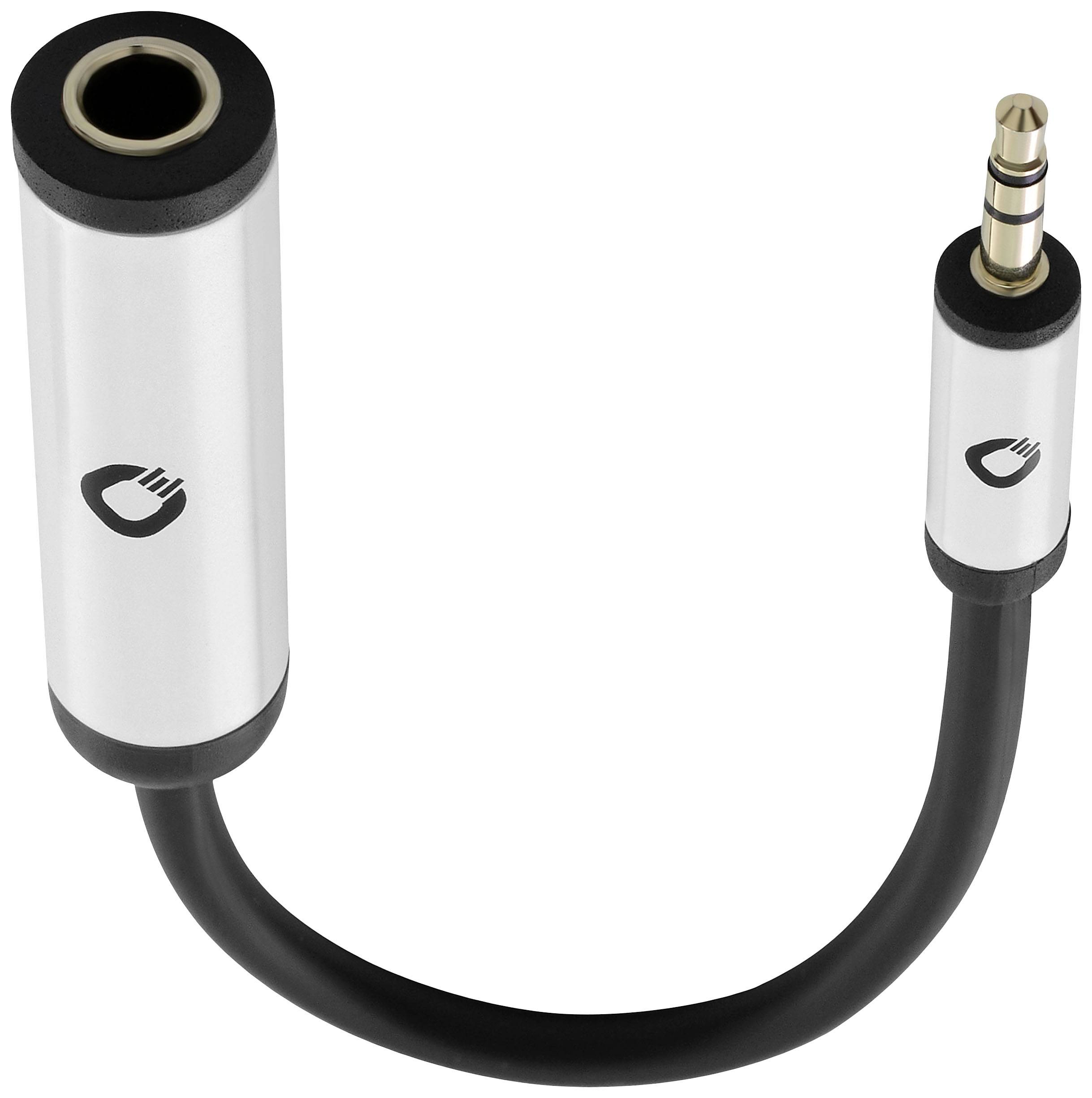 Adapterkabel mit einem 3,5mm-Stecker und einer 3,5mm-Buchse, geeignet für Audioverbindungen, silberne Anschlüsse mit Logo.