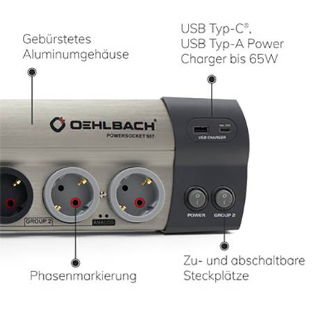 'Power Socket 907' Steckdosenleiste mit Aluminiumgehäuse, USB-Typ-C- und -A-Anschlüssen, Phasenmarkierung und schaltbaren Steckplätzen.