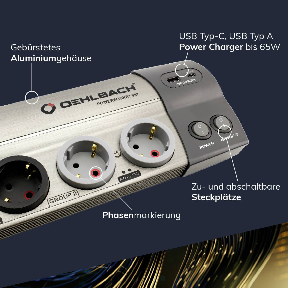 'Aluminiumgehäuse Power Charger 65W' Steckdosenleiste mit USB Typ-C, Typ-A, Phasenmarkierung, einzeln schaltbare Steckplätze.