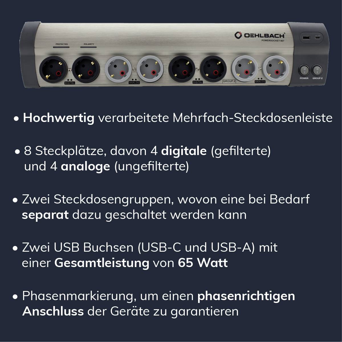 Oehlbach Mehrfach-Steckdosenleiste mit 8 Steckplätzen, digital und analog, zwei USB-Anschlüssen und Phasenumkehr-Funktion.