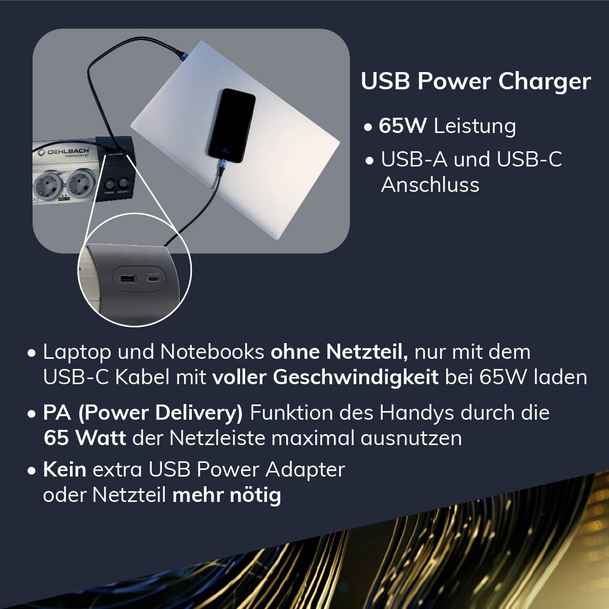 'USB Power Charger': 65W Leistung, USB-A und USB-C Anschluss. Gerät auf Tisch, zeigt Ladekabel und Netzteil in Aktion.