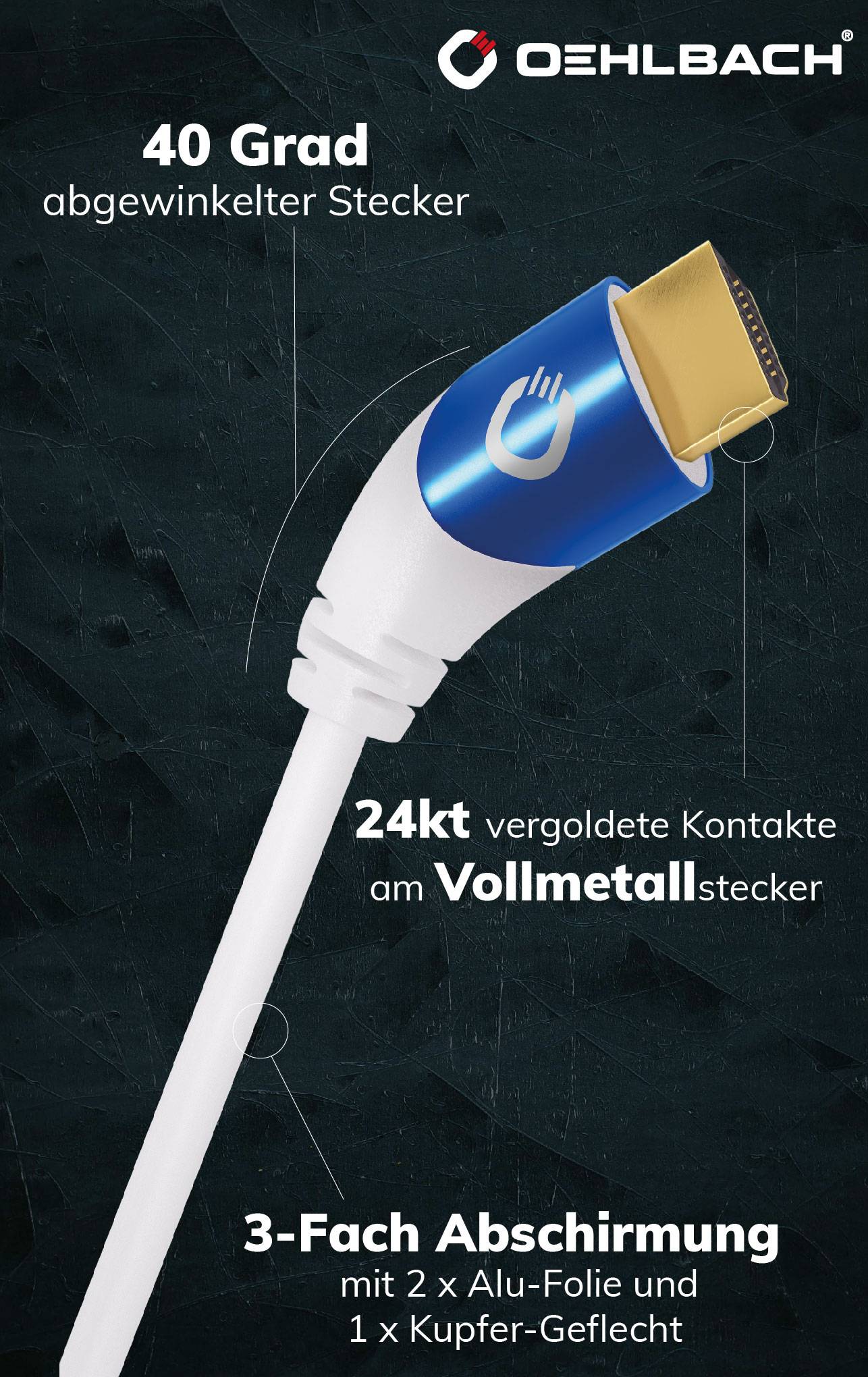 Oehlbach HDMI Anschlusskabel HDMI-A Stecker, HDMI-A Stecker 1.00m Weiß D1C42535 8K UHD, dreifach geschirmt HDMI-Kabel