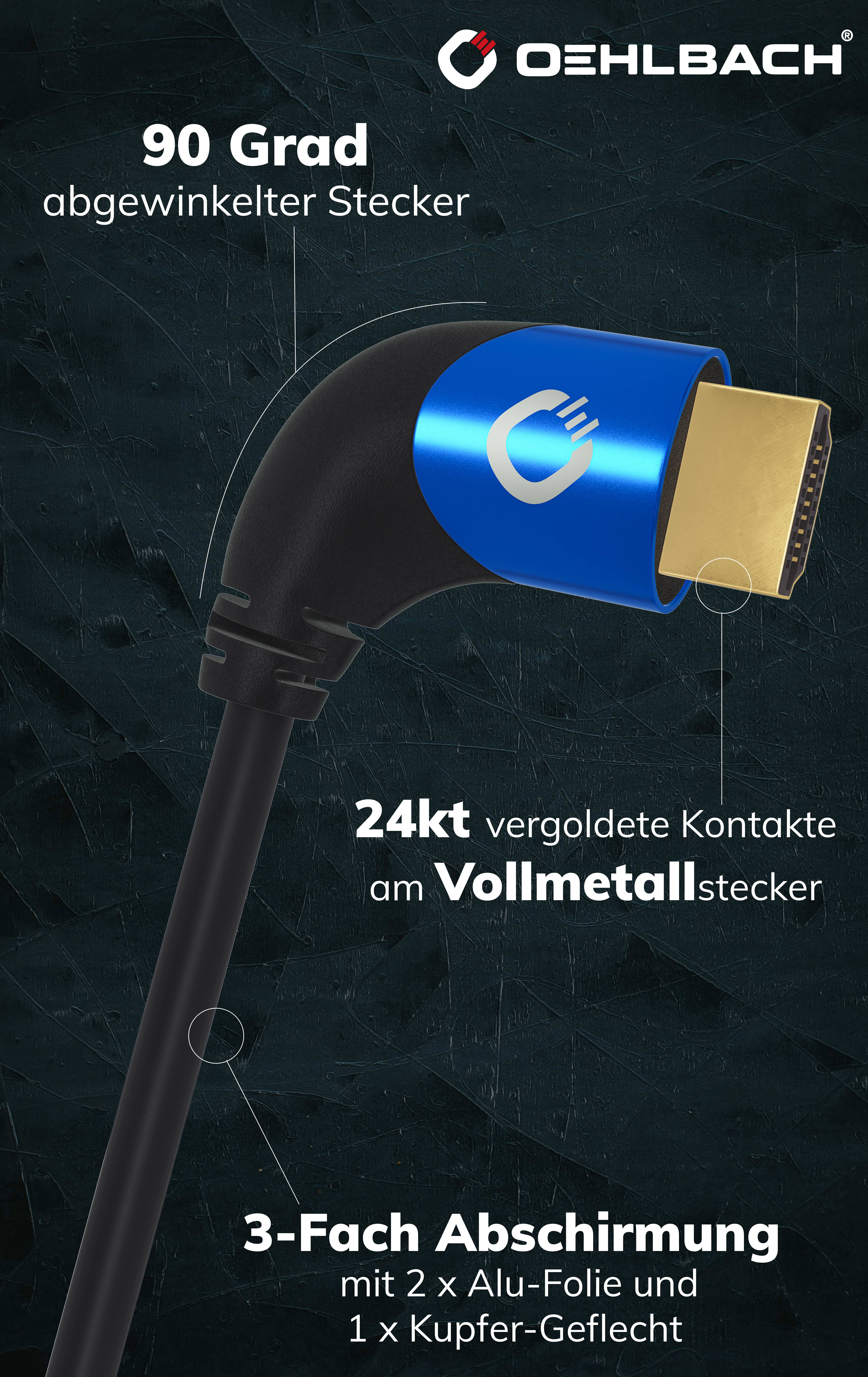 Oehlbach HDMI Anschlusskabel HDMI-A Stecker, HDMI-A Stecker 1.50m Schwarz D1C42541 8K UHD, 90° nach links gewinkelt, dreifach