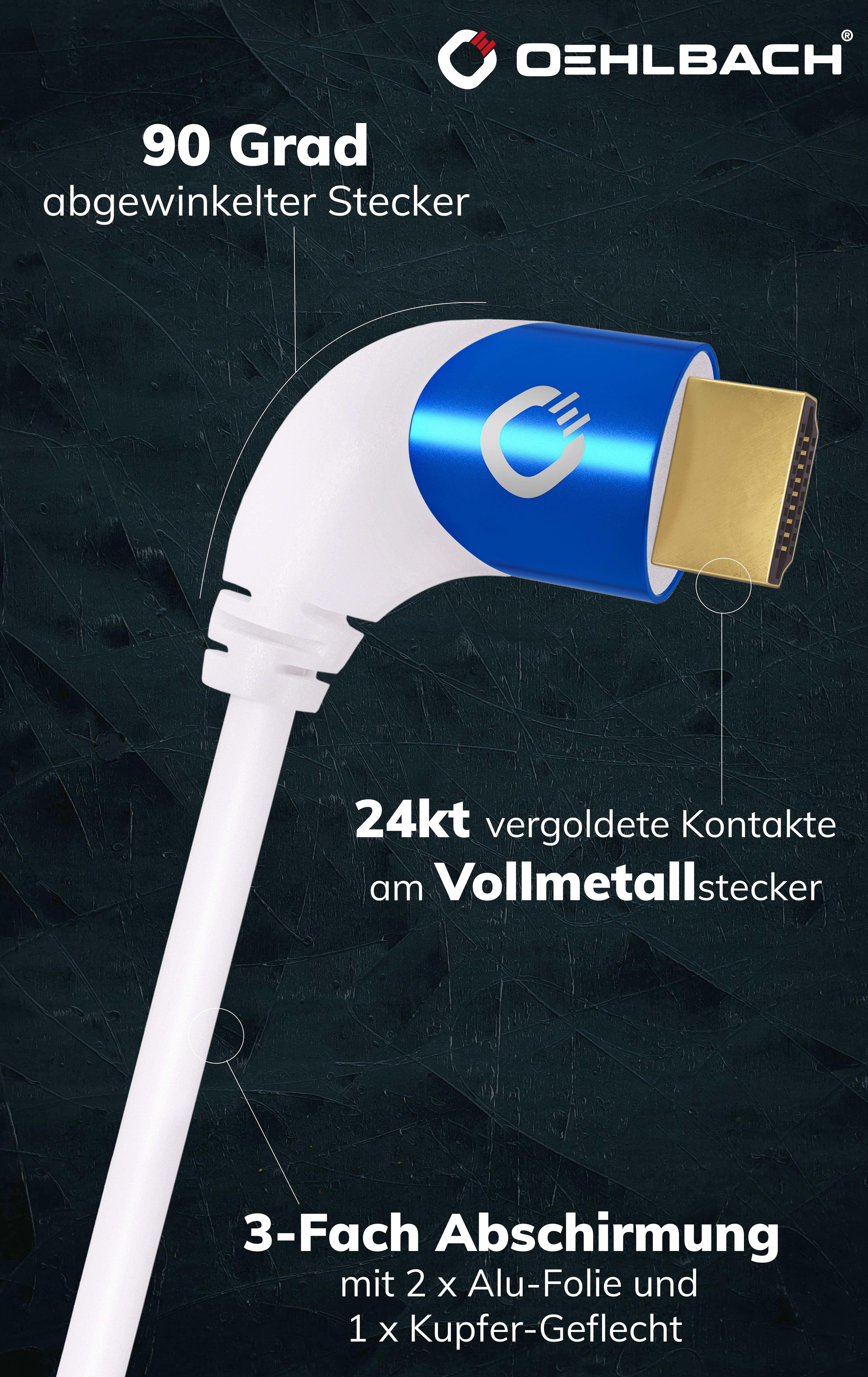 Oehlbach HDMI Anschlusskabel HDMI-A Stecker, HDMI-A Stecker 1.50m Weiß D1C42546 8K UHD, 90° nach links gewinkelt, dreifach