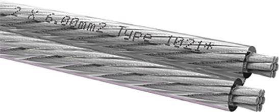 Nahaufnahme von Aluminiumkabeln mit Aufschrift '2 x 6.00mm² Type 10244'. Die Kabel sind robust und für elektrische Installationen geeignet.