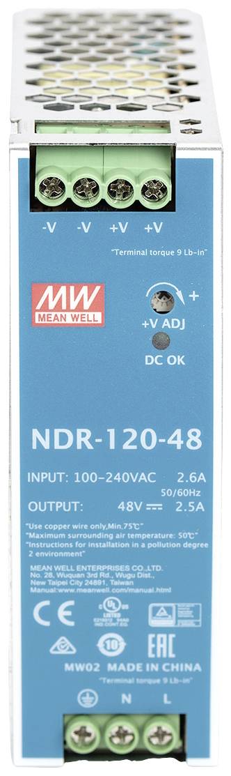Blaues Schaltnetzteil mit Aufdruck 'NDR-120-48'. Eingang: 100-240VAC, Ausgang: 48V. Mehrere Anschlüsse oben und unten, Markenname 'Mean Well'.