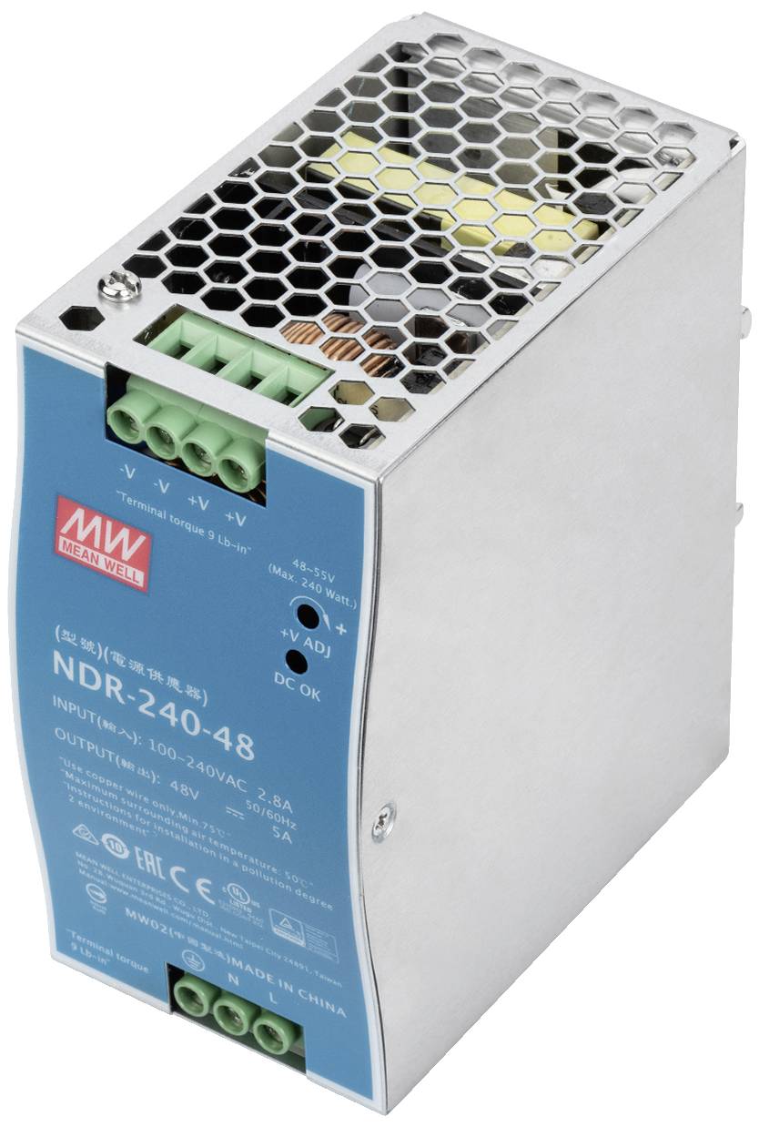 Ein Schaltnetzteil mit blauer Front und grünen Anschlüssen. Modell NDR-240-48 von MW, für 48V Ausgang bei 240W Leistung.