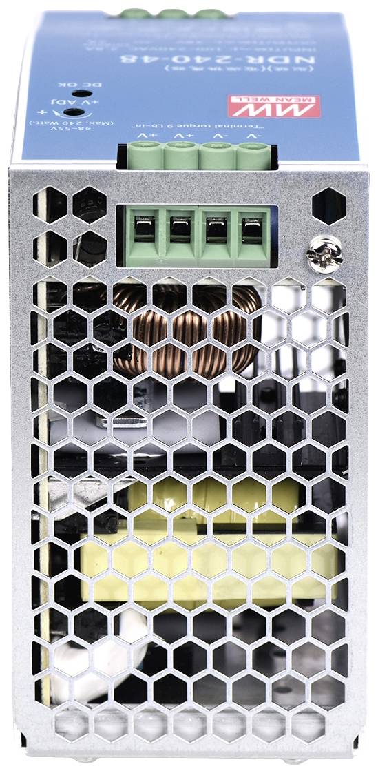 Netzteil in Metallgehäuse mit Wabenstruktur, sichtbare elektronische Bauteile im Inneren. Oben Steckklemmen mit drei grünen Anschlüssen.