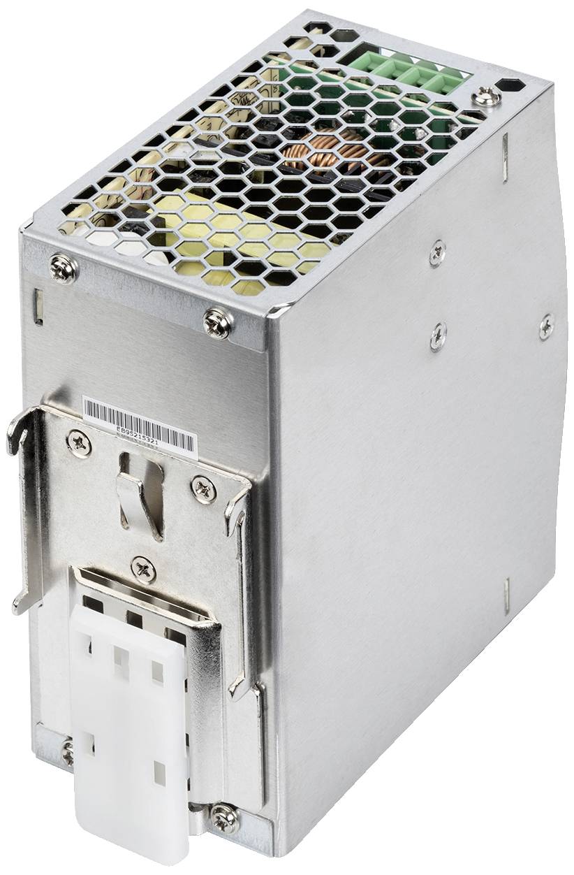 Ein metallisches Netzteil-Modul mit Lüftungsgitter und Anschluss. Geeignet für elektronische Geräte zur Stromversorgung.