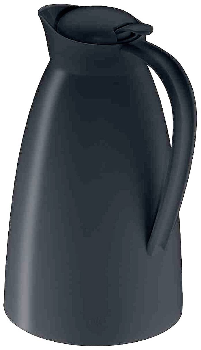 Eine schwarze, schlanke Thermoskanne mit einem geschwungenen Griff und einem Klappdeckel. Ideal für das Servieren von heißen Getränken.