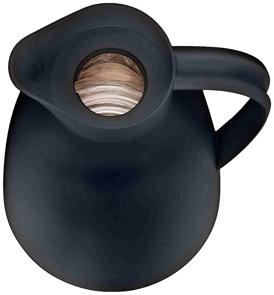 Ein schwarzer Krug aus Keramik, von oben fotografiert, zeigt die runde Öffnung und den Henkel an der Seite.