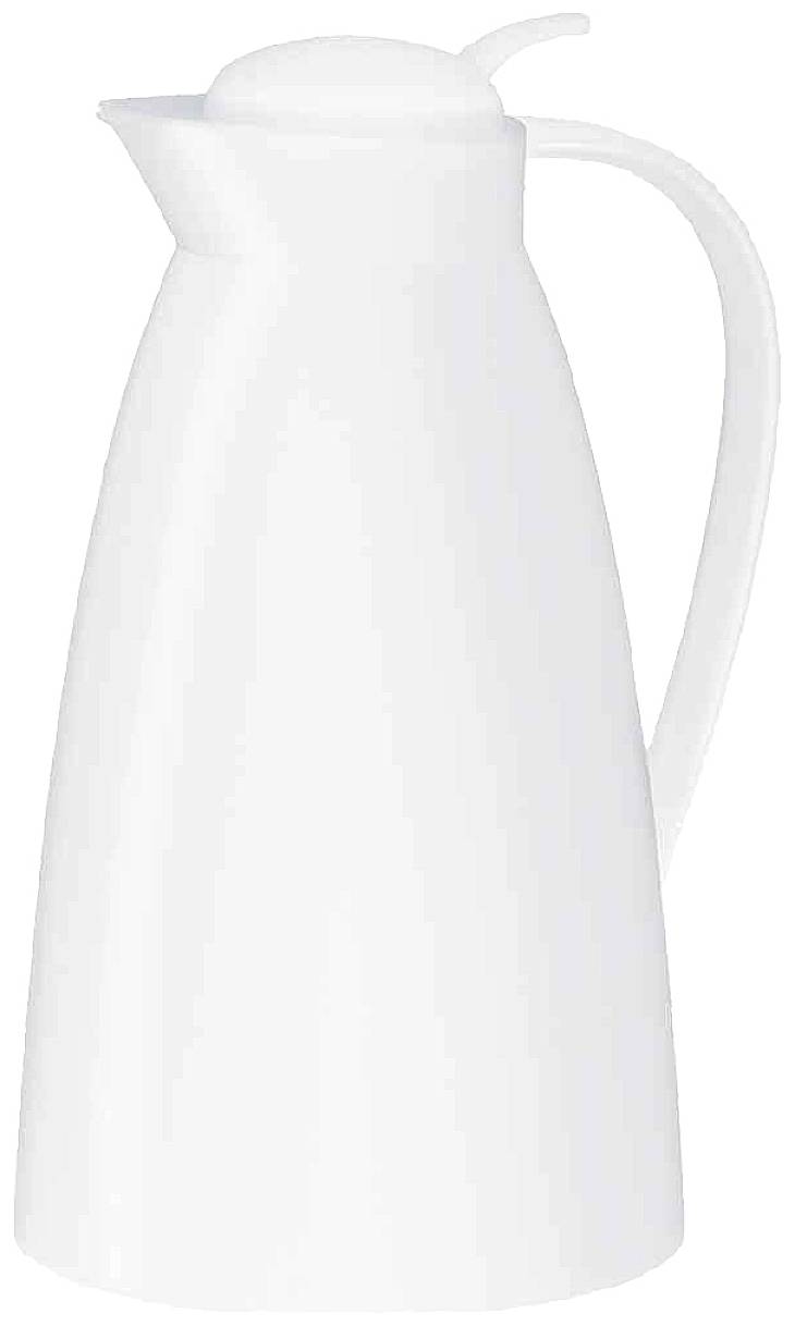 Weiße Thermoskanne mit elegantem, geschwungenem Design und Griff auf der rechten Seite.