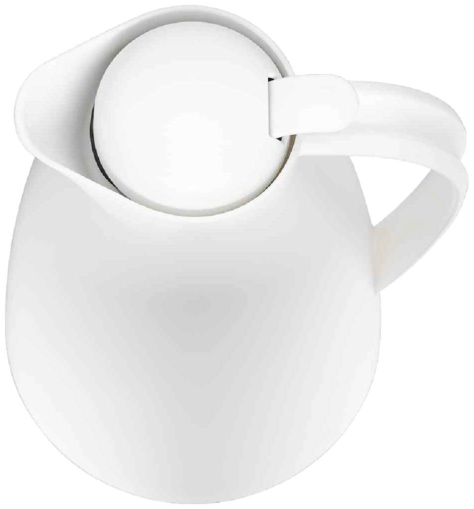 Ein weißer Krug mit geschlossenem Deckel, von oben gesehen. Der Krug hat einen ergonomisch geformten Griff auf der rechten Seite.