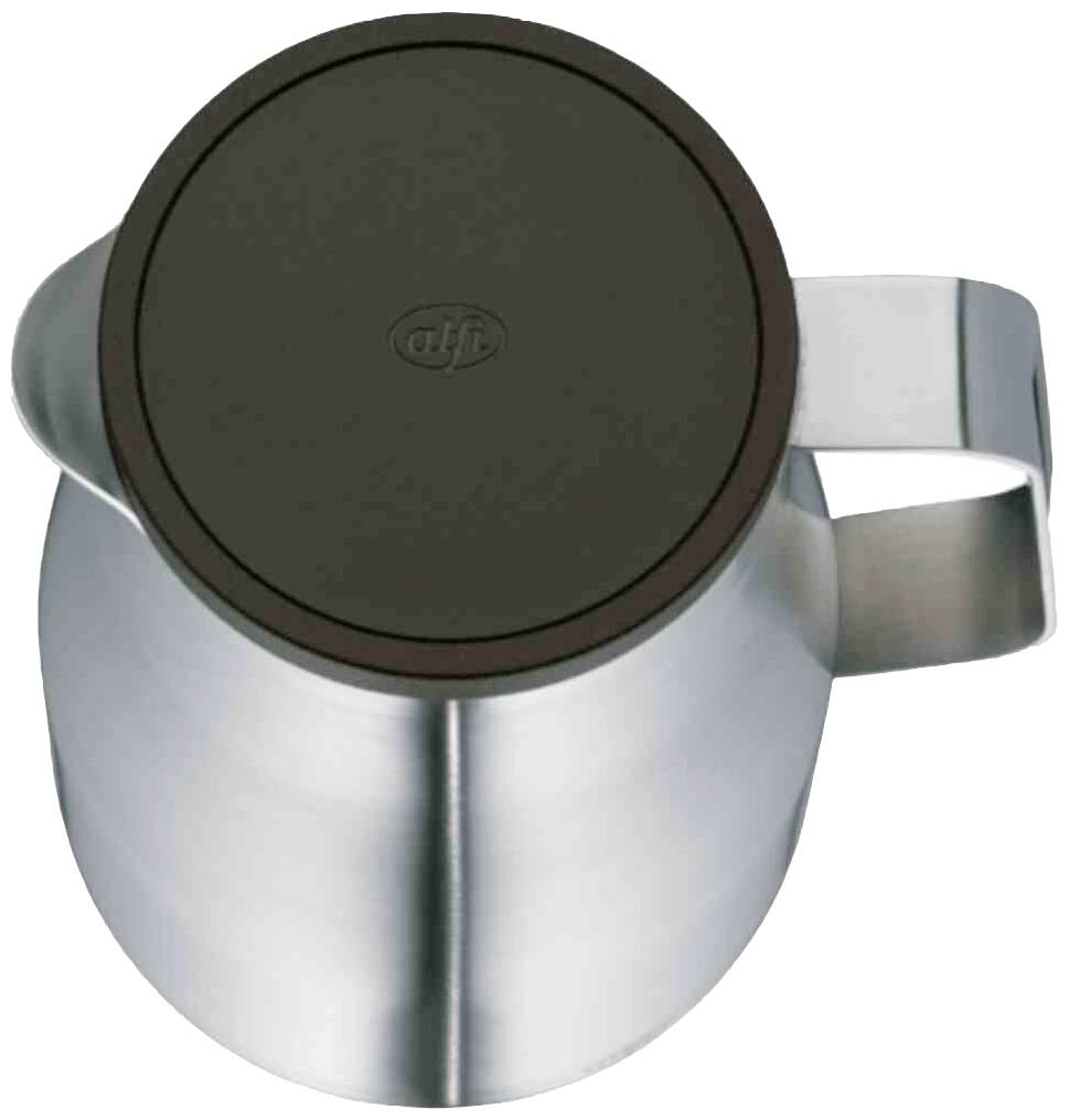 Edelstahl-Thermokanne mit geschlossenem Deckel und seitlichem Griff, geeignet für Heißgetränke.