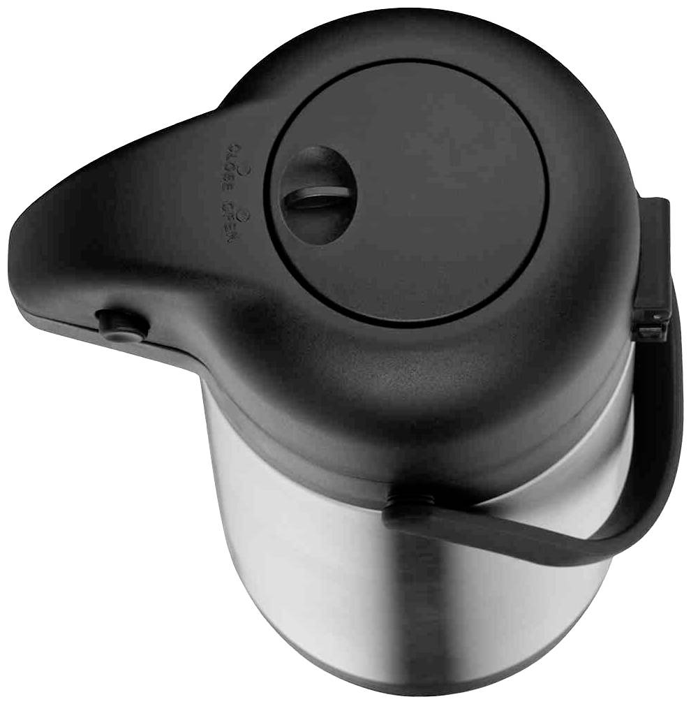 Thermoskanne mit schwarzem Deckel und Griff. Oberansicht zeigt Einfüllöffnung. Edelstahl-Design sorgt für Isolierung und hält Getränke warm.