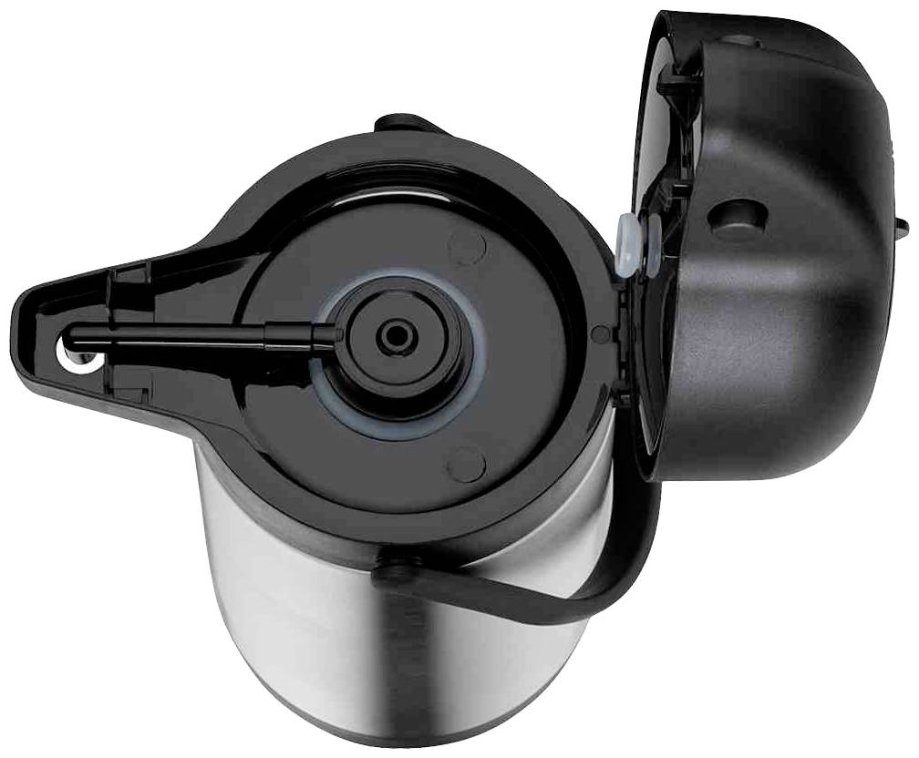 Eine geöffnete Isolierkanne mit Deckel, die von oben betrachtet wird. Zeigt das obere schwarze Innere und den Ausgussmechanismus.