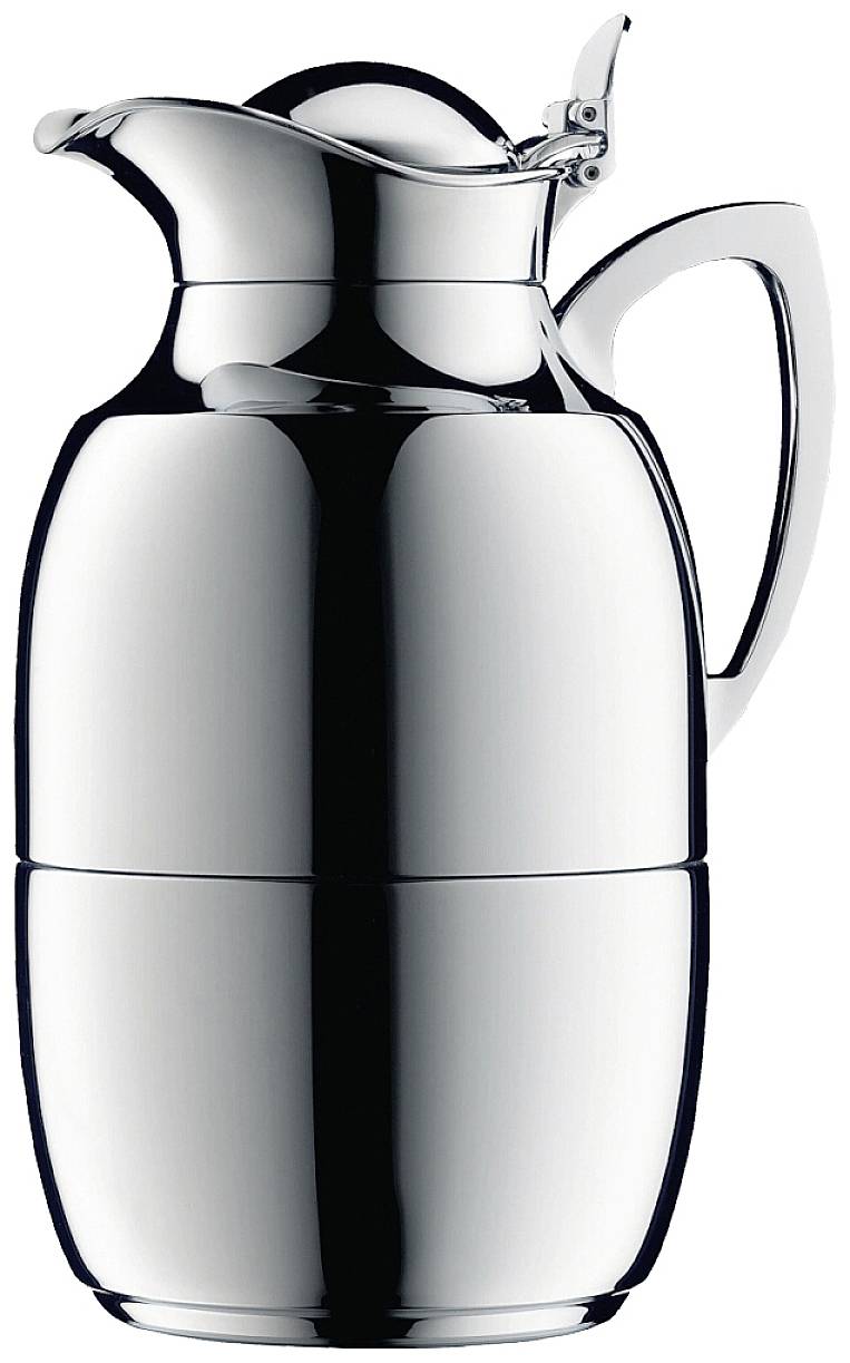 Silberne Isolierkanne mit elegantem Design und glänzender Oberfläche, geeignet für heiße und kalte Getränke.