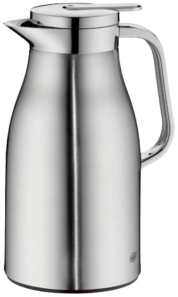 Silberne Thermoskanne mit Griff und Deckel, aus Edelstahl, in einem schlichten und modernen Design. Geeignet zum Halten von heißen oder kalten Getränken.