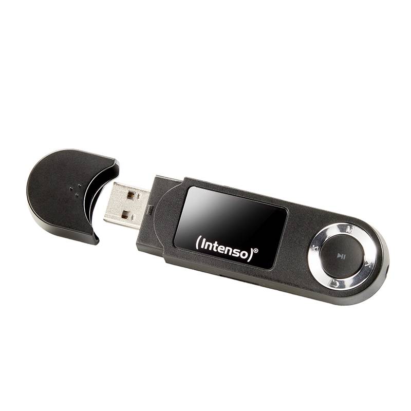Das Bild zeigt einen schwarzen MP3-Player von Intenso mit abgenommenem USB-Stick.