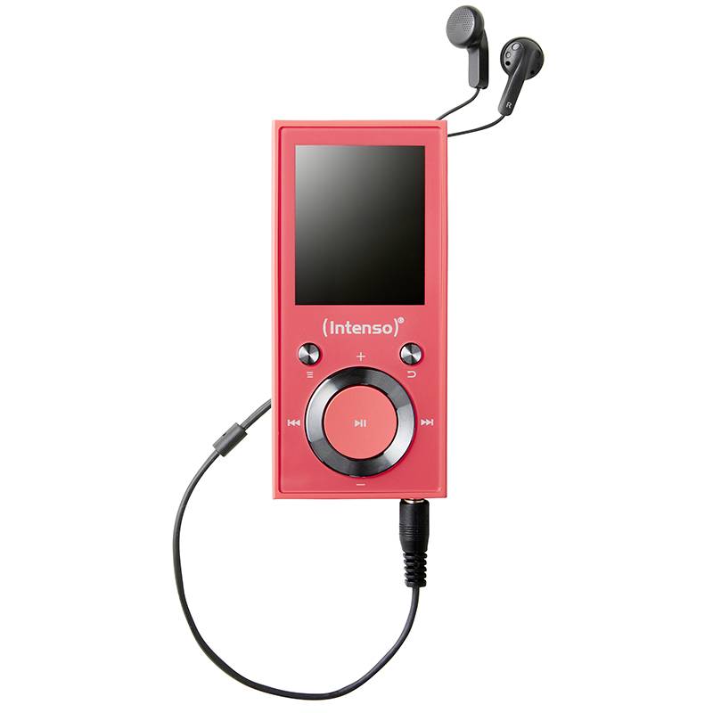 Roter tragbarer MP3-Player mit kleinem Bildschirm und Bedientasten, angeschlossene schwarze Ohrhörer; Modell der Marke Intenso.