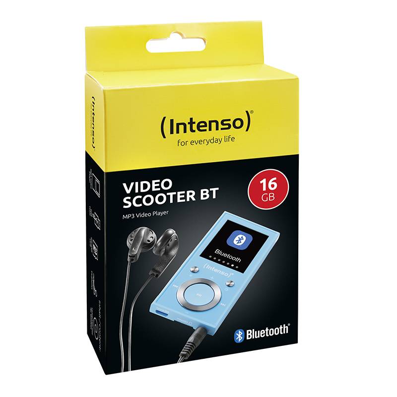 Eine gelbe Verpackung von Intenso 'Video Scooter BT' zeigt einen blauen MP3-Player mit Kopfhörern. Kapazität: 16 GB, Bluetooth-fähig.