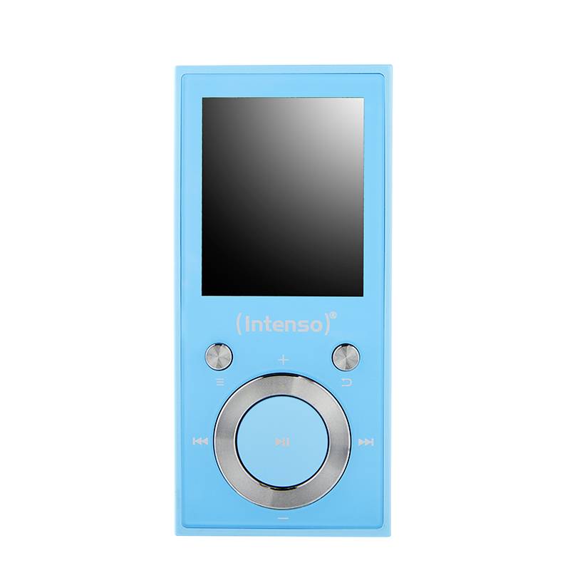 Tragbarer MP3-Player in Blau mit Display und Bedientasten unten. Markenname 'Intenso'.