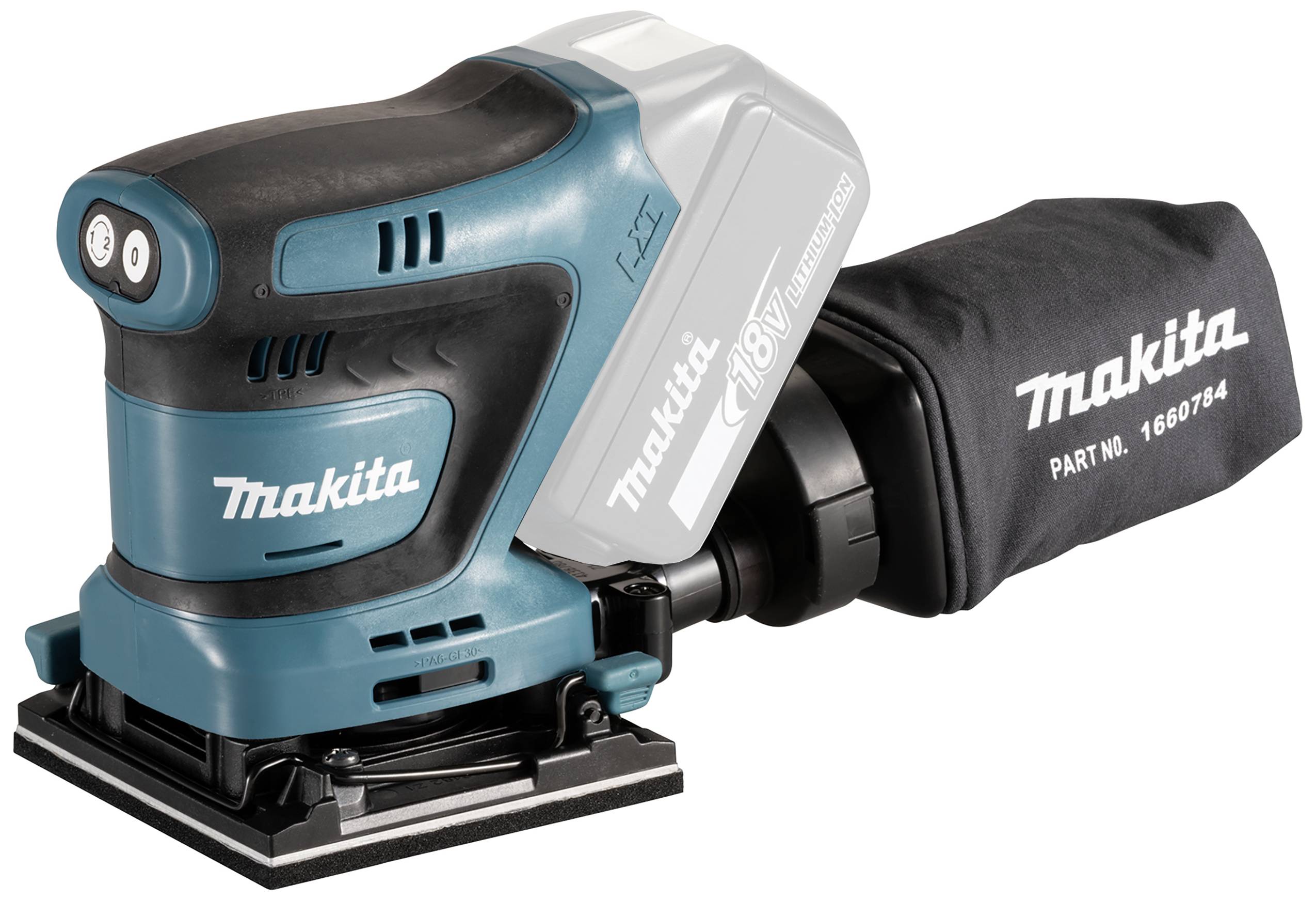 Akku-Handschleifer mit blau-schwarzem Gehäuse und Staubbeutel links. Markenname 'Makita' sichtbar auf Gerät und Beutel.