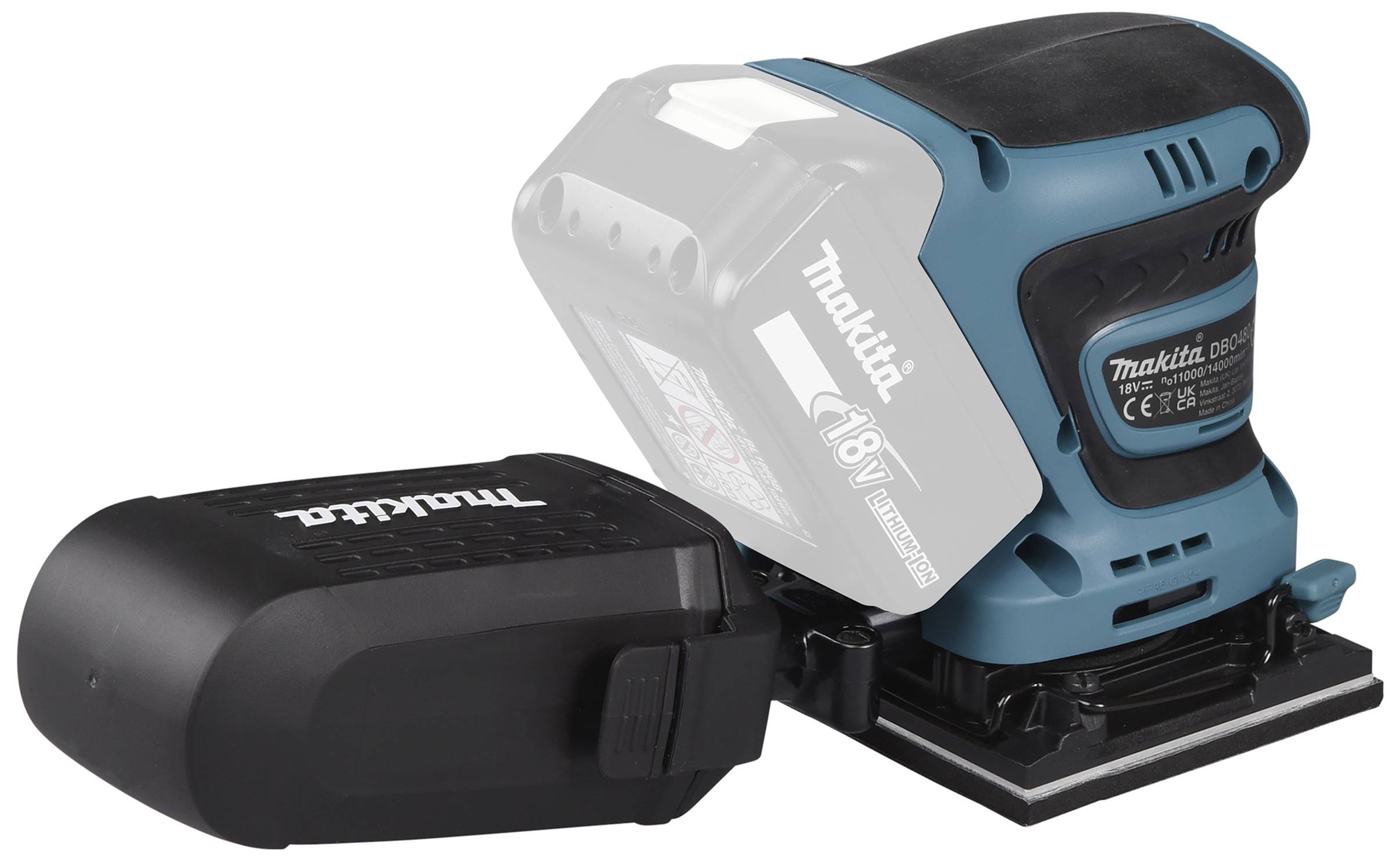 Schleifmaschine von Makita mit entfernbarer Batterie, Modellnummer sichtbar. Geeignet für Holzarbeiten, ergonomisches Design.