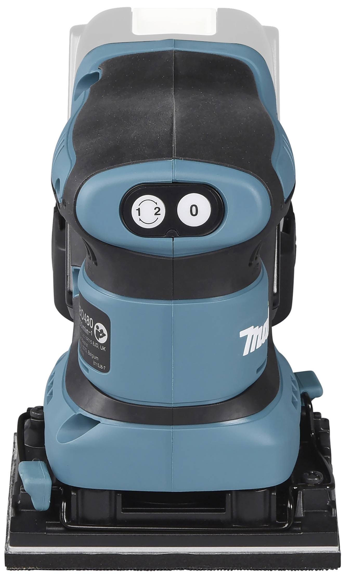 Ein blauer, rechteckiger Elektroschleifer mit zwei Geschwindigkeitsstufen, vorne nummeriert mit '1' und '2', auf einer glatten Oberfläche.
