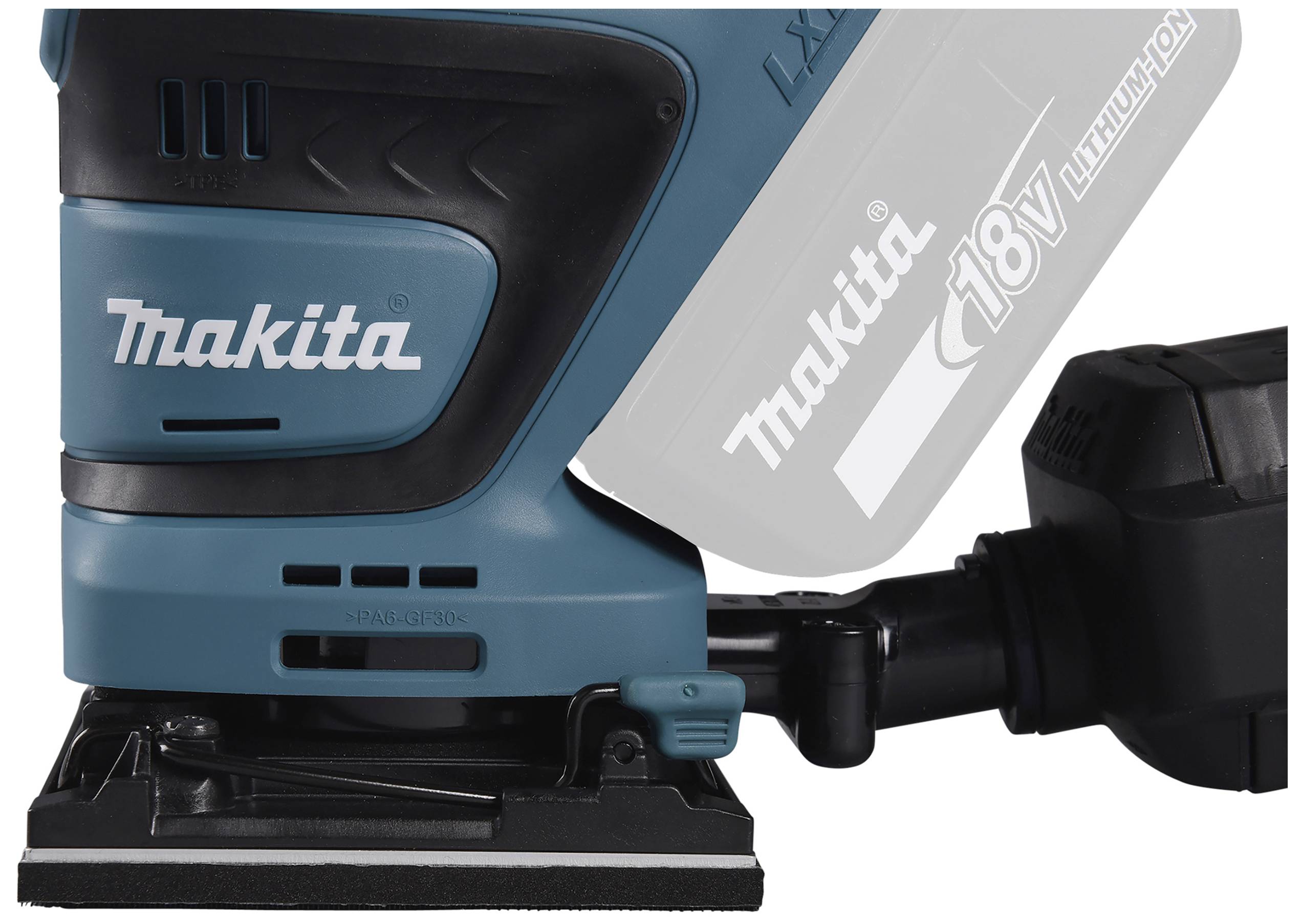 Akkubetriebener Schleifer von Makita, Modell 18V Lithium-Ion, in Blau und Schwarz. Ansicht zeigt Detail der Schleiffläche und Akkufach.