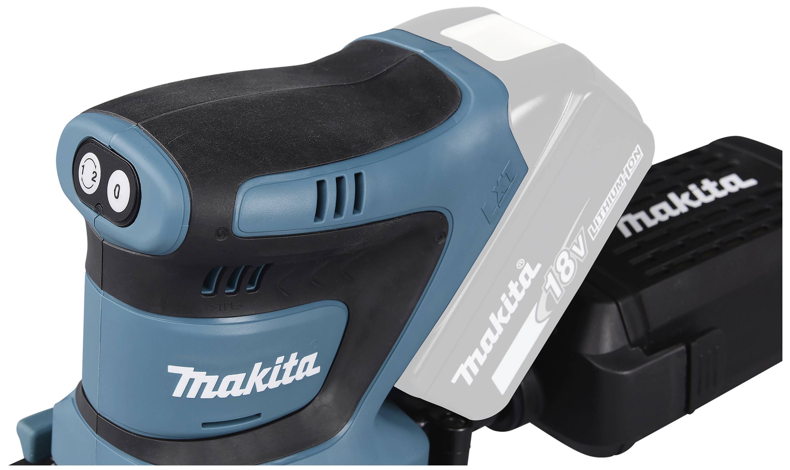 Ein blau-schwarzer Makita-Akku-Schleifer mit 18V Akku. Gerät zeigt die Leistungsstufe 2 an.