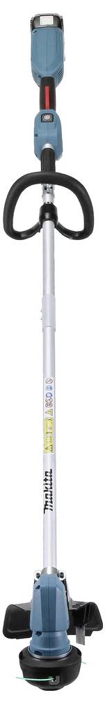 Ein akkubetriebener Rasentrimmer mit blau-schwarzem Design, ausgestattet mit einem ergonomischen Griff und verstellbarem Schaft für die Rasenpflege.