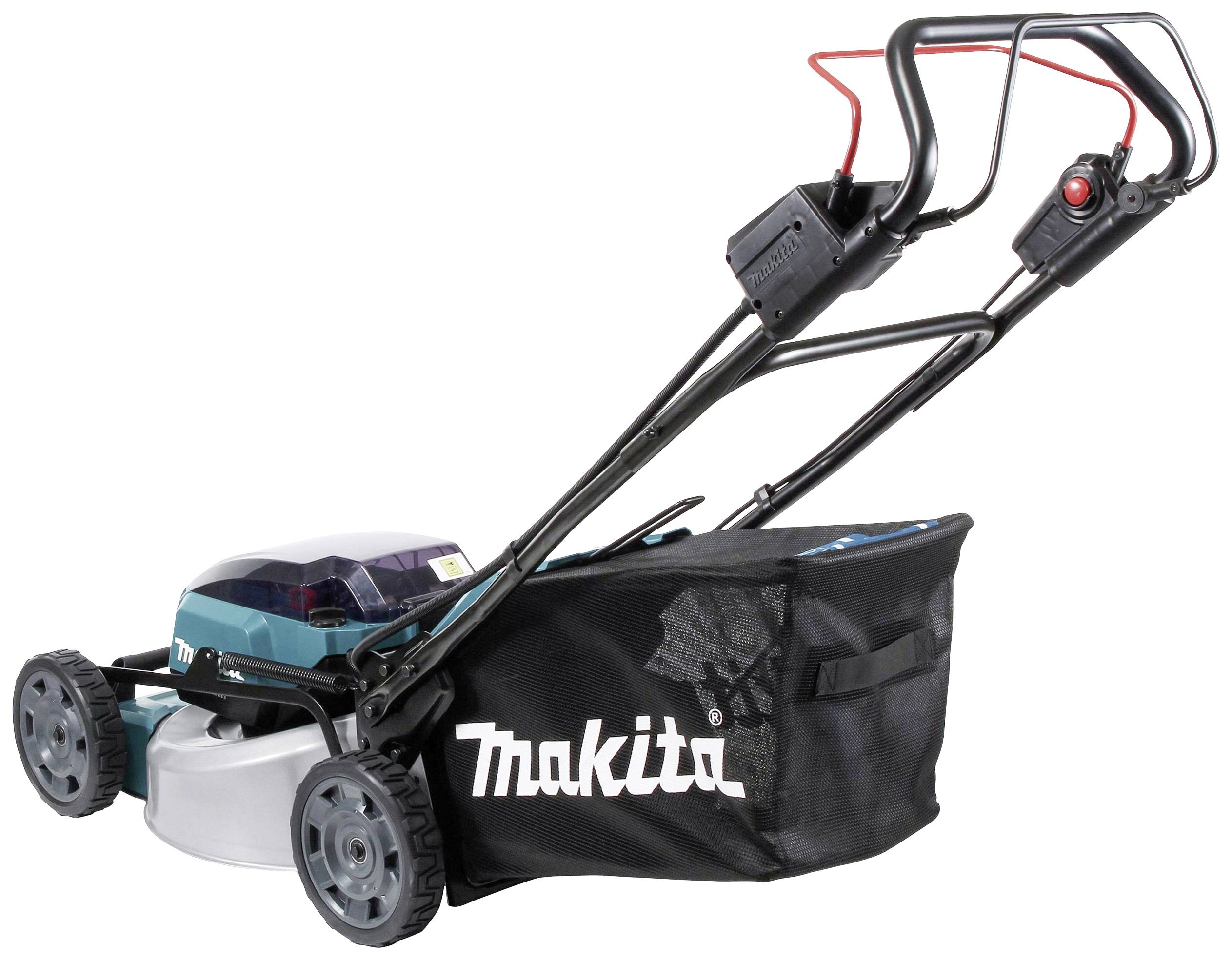 Ein Rasenmäher der Marke Makita mit einem schwarzen Fangkorb und einem elektrisch betriebenen Mähsystem, abgebildet in Seitenansicht.