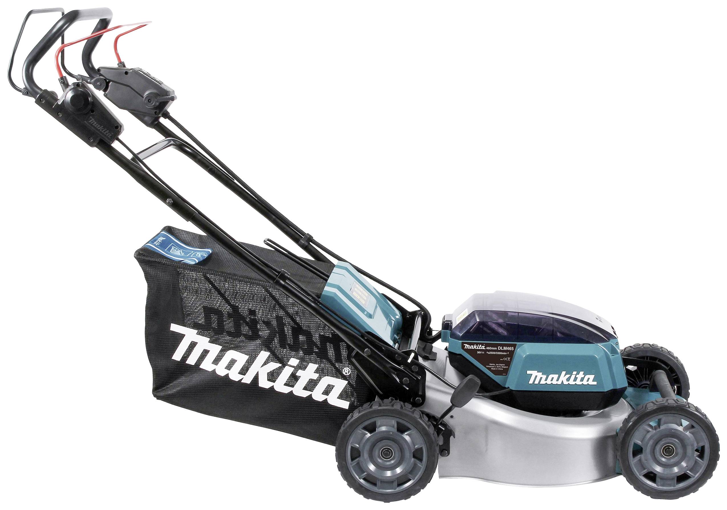 Elektrischer Rasenmäher der Marke Makita, in Schwarz und Blau, mit Auffangkorb. Geeignet für mittelgroße Rasenflächen.