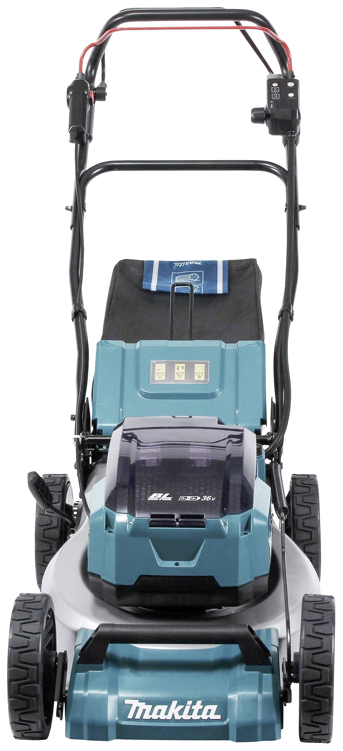 Ein kabelloser Rasenmäher in Blau und Schwarz mit einem Griff, einem Batteriefach und großen Rädern, von vorne gesehen.