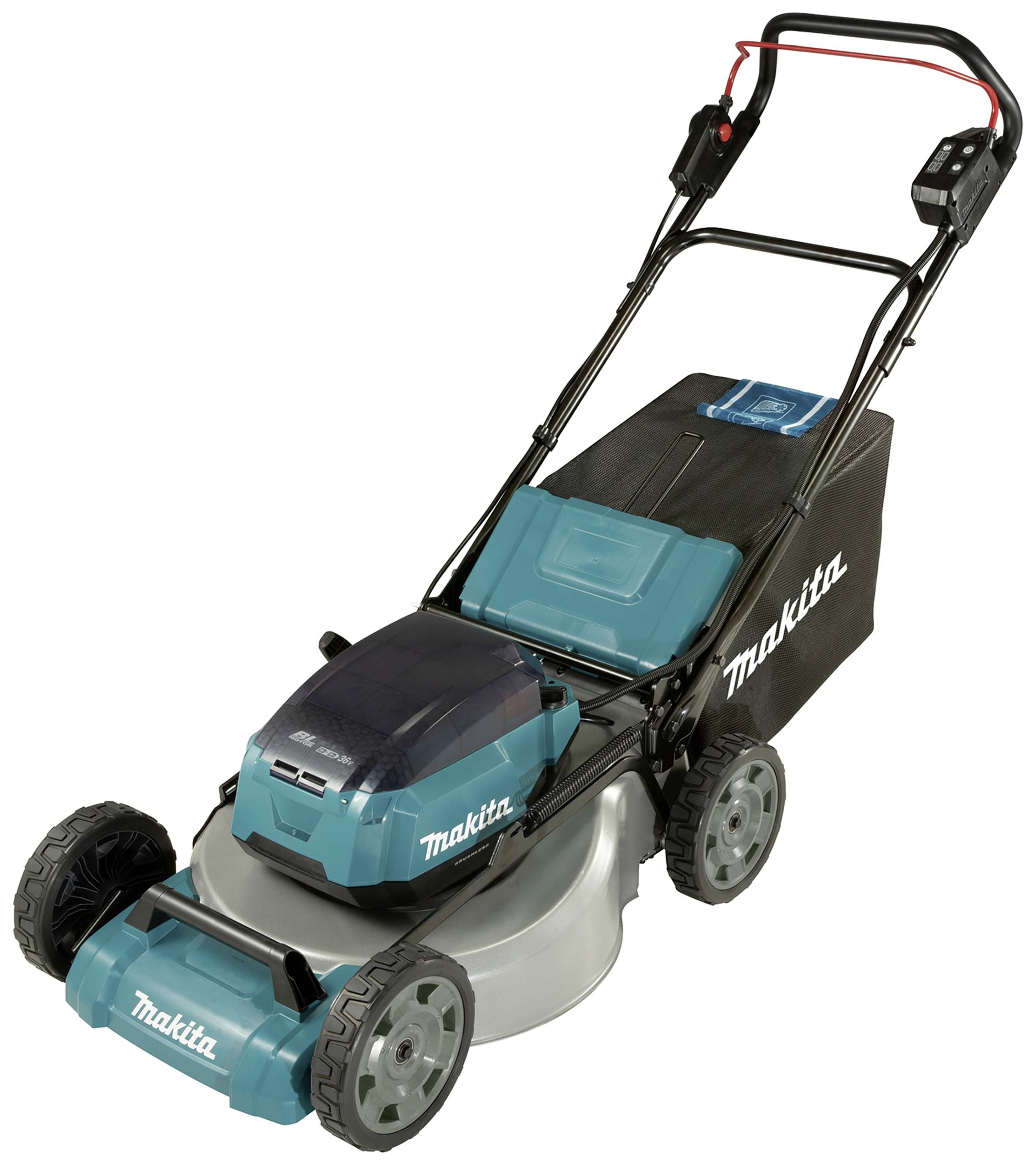 Ein elektrischer Rasenmäher in Blau und Schwarz mit Fangkorb, Markenname 'Makita' sichtbar, auf weißem Hintergrund.