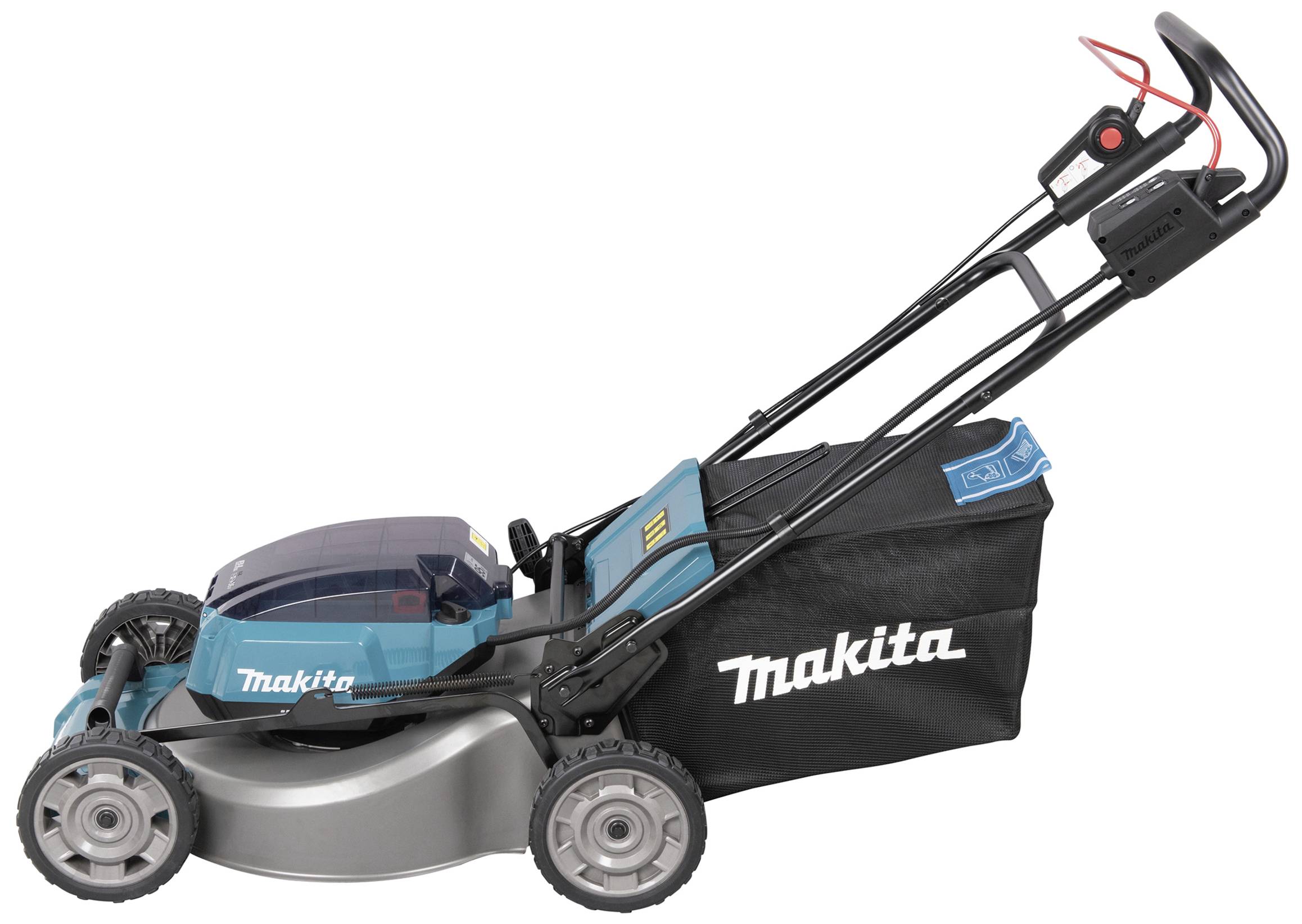 Ein kabelloser Rasenmäher mit Grasfangkorb von 'Makita', ideal für effiziente Rasenpflege.