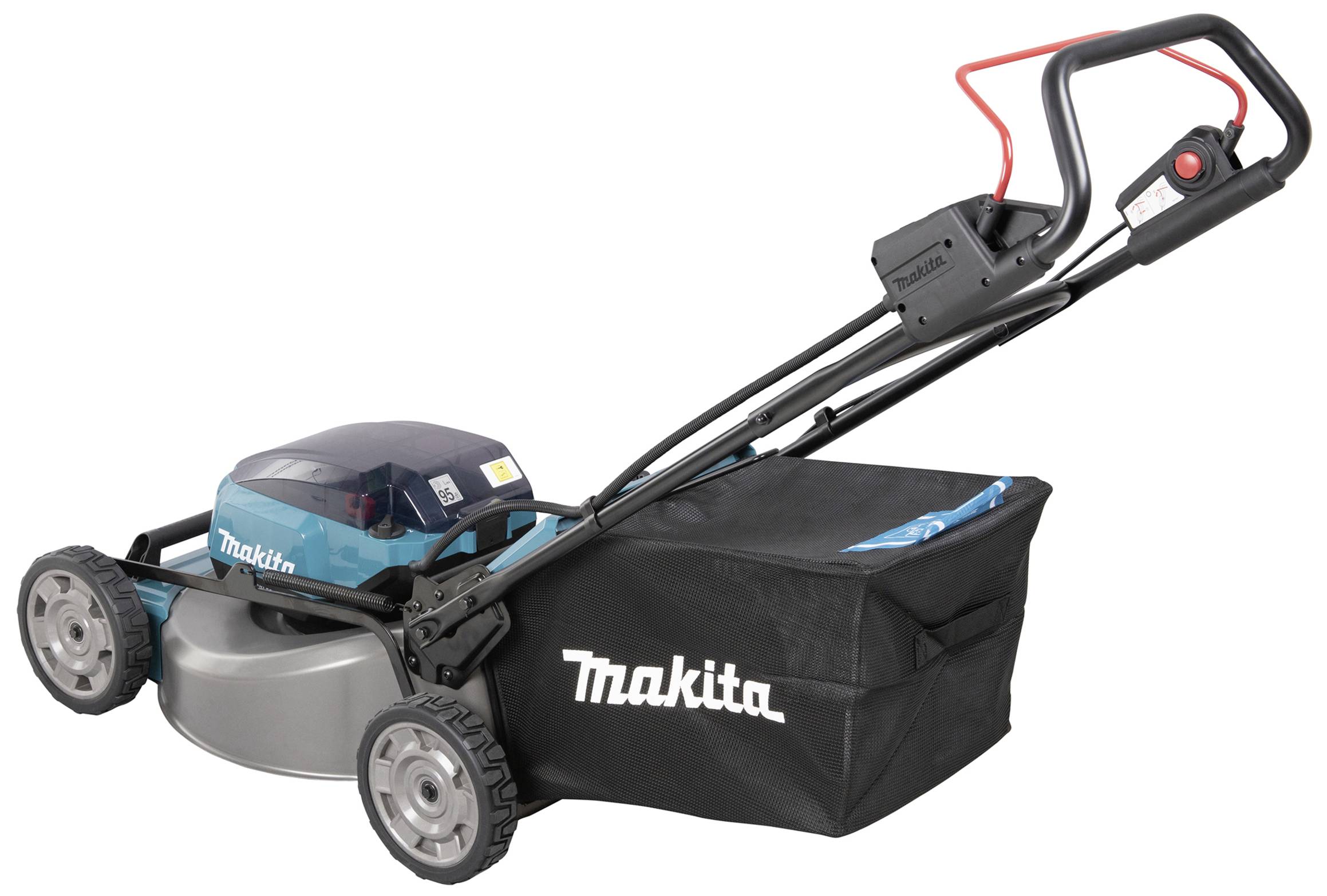 Rasenmäher von Makita mit blauer Abdeckung und Fangkorb, geeignet für mittlere bis große Gärten, leichte Bedienung durch stabile Räder.