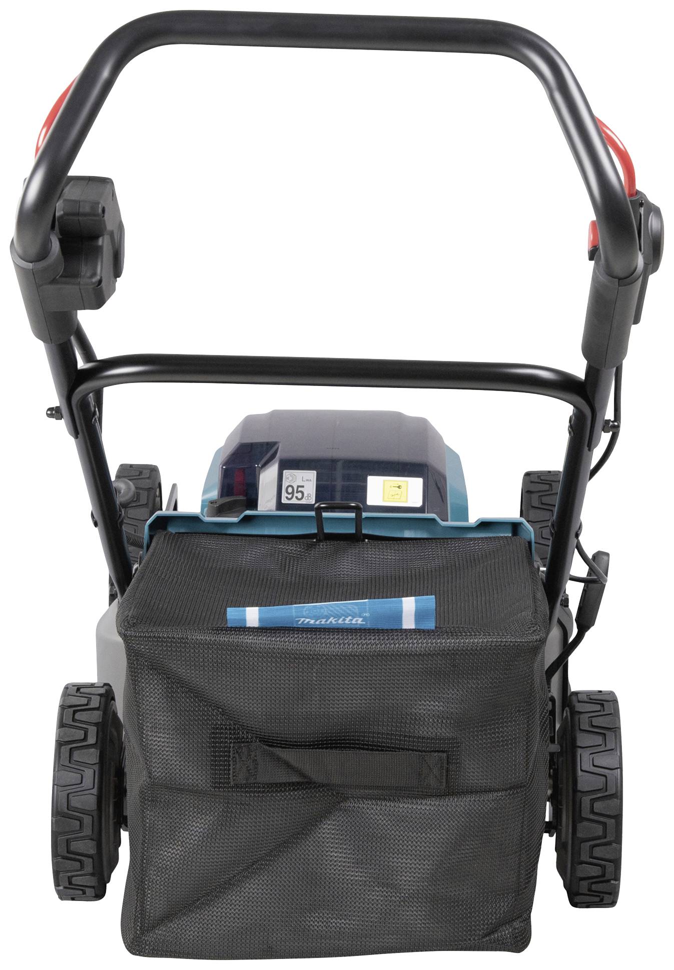 Ansicht von hinten auf einen Rasenmäher mit Fangkorb. Der Griff ist schwarz, ein Batteriefach ist sichtbar. Ideal für Gartenpflege.