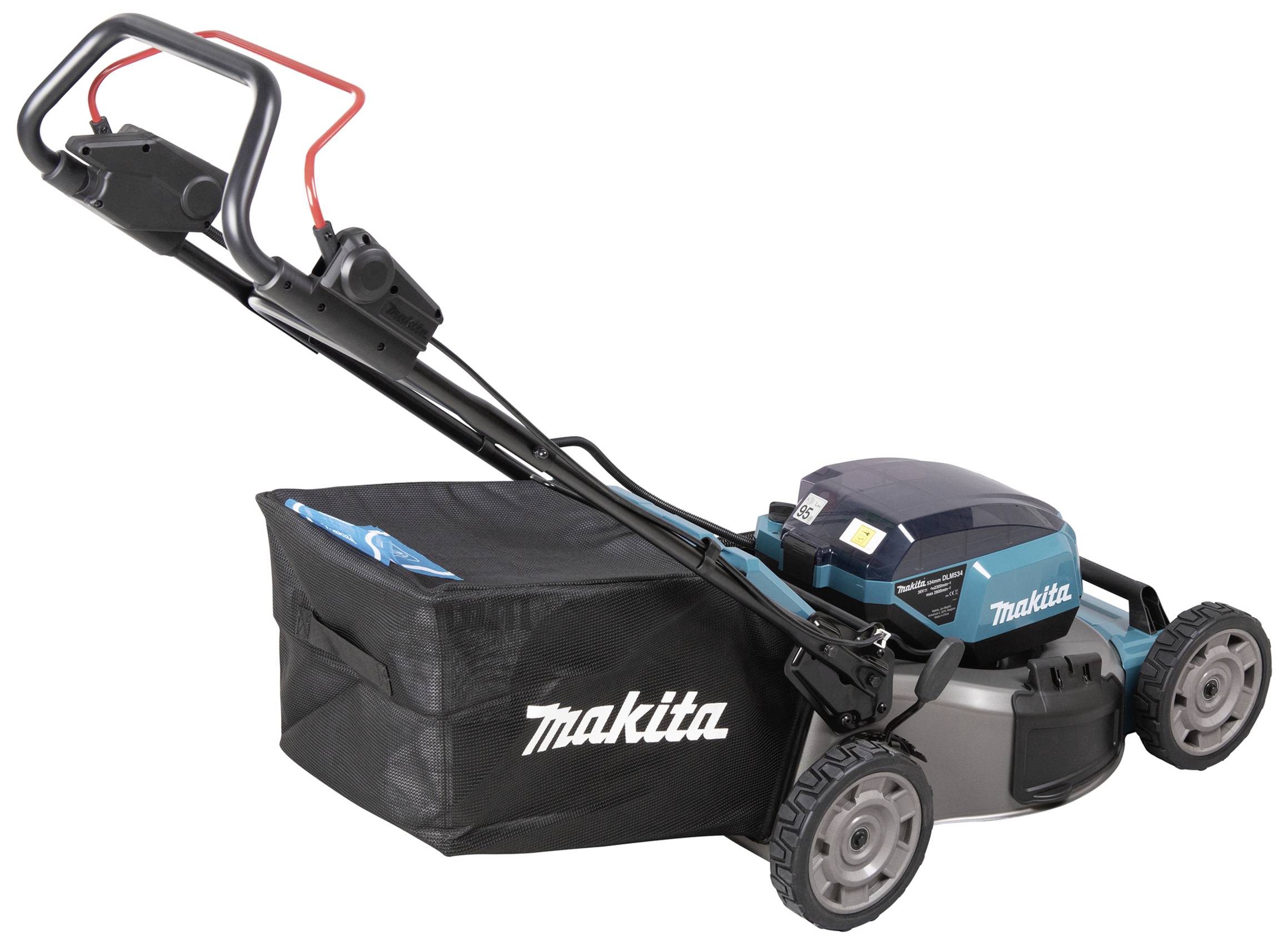 Ein blauer und schwarzer Rasenmäher mit Fangkorb, Markenlogo 'Makita'. Der Mäher ist seitlich fotografiert.