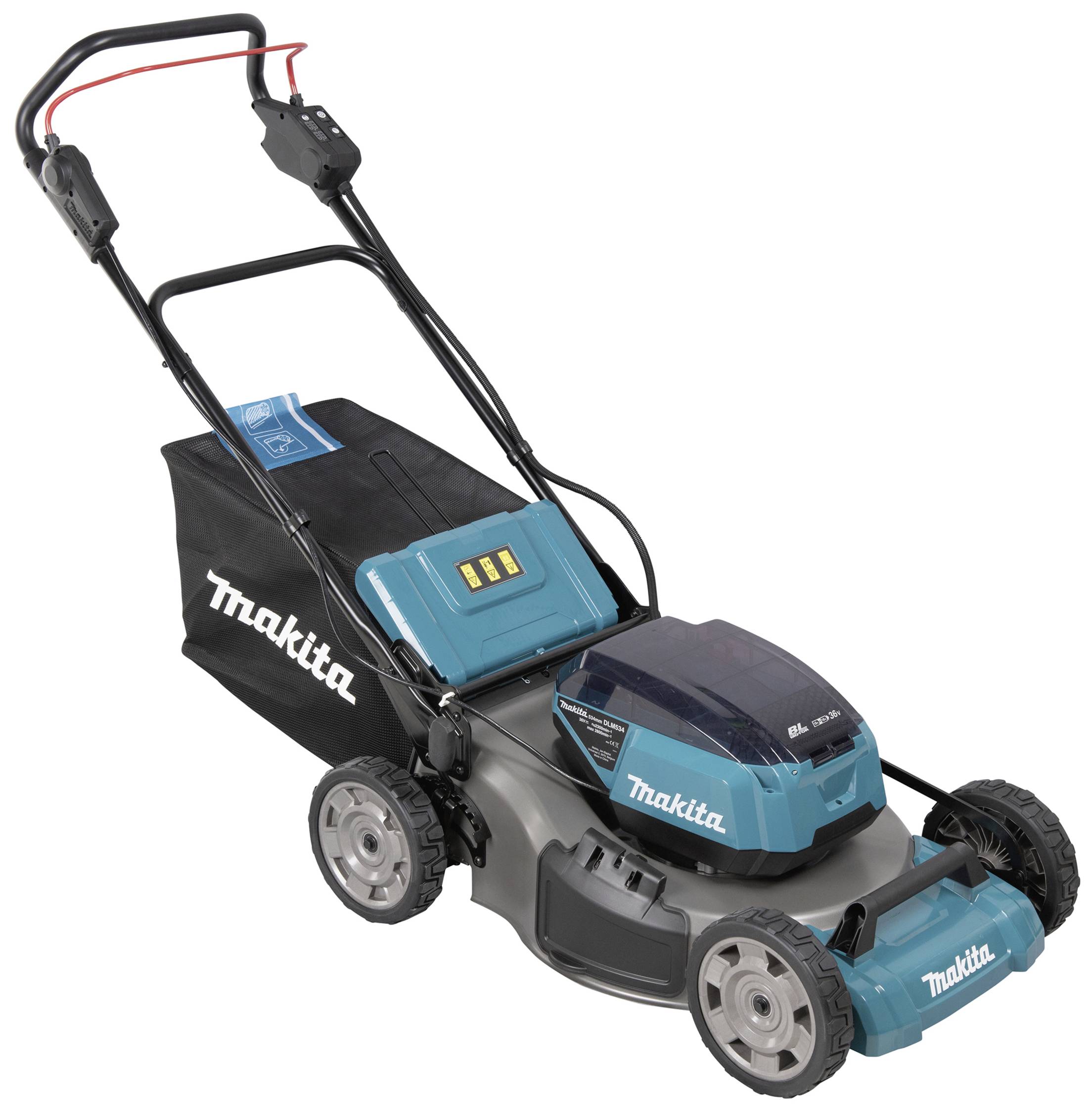 Ein blauer Rasenmäher mit schwarzem Griff und Rädern. Er hat vorne die Marke 'Makita' aufgedruckt und hinten einen schwarzen Grasfangsack.