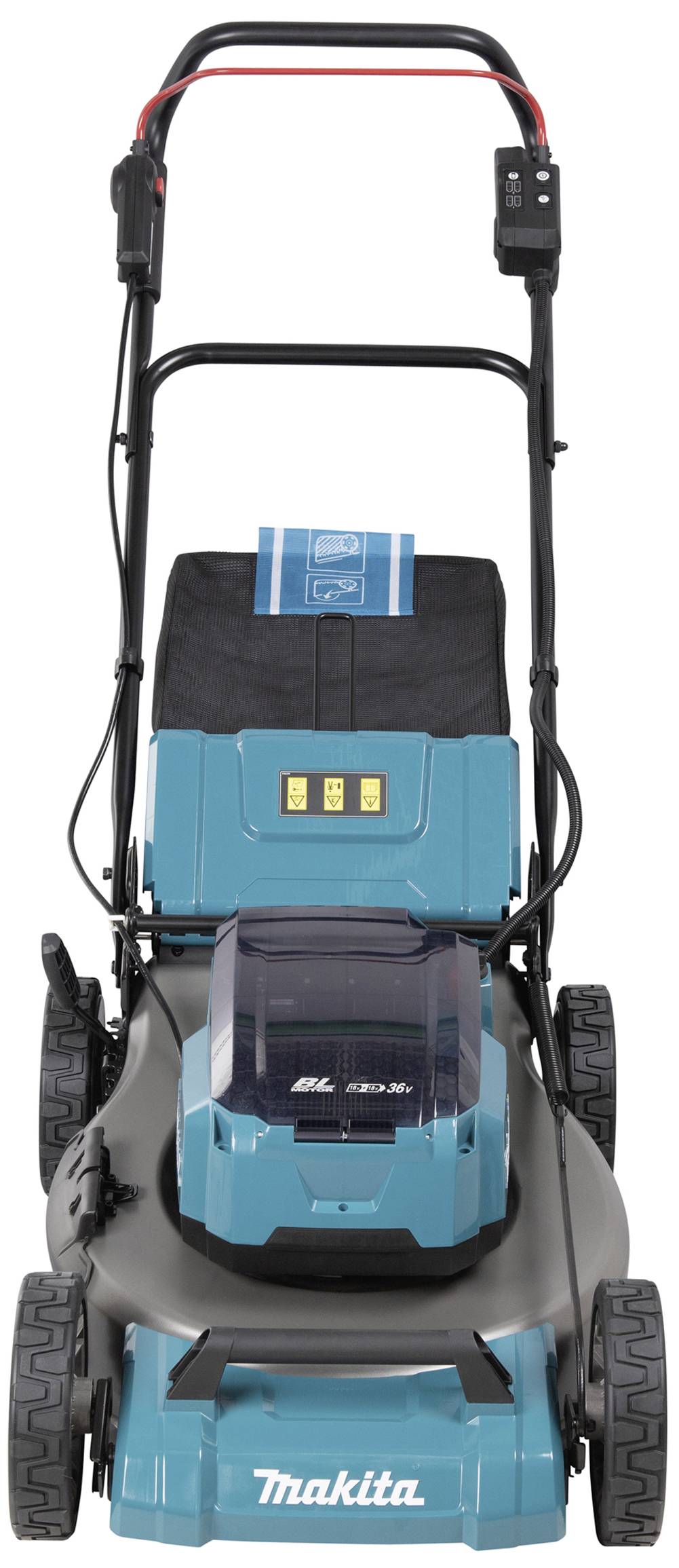 Akku-Rasenmäher mit blauem Gehäuse und schwarzem Griff, angetrieben durch einen Lithium-Ionen-Akku, auf einem weißen Hintergrund.