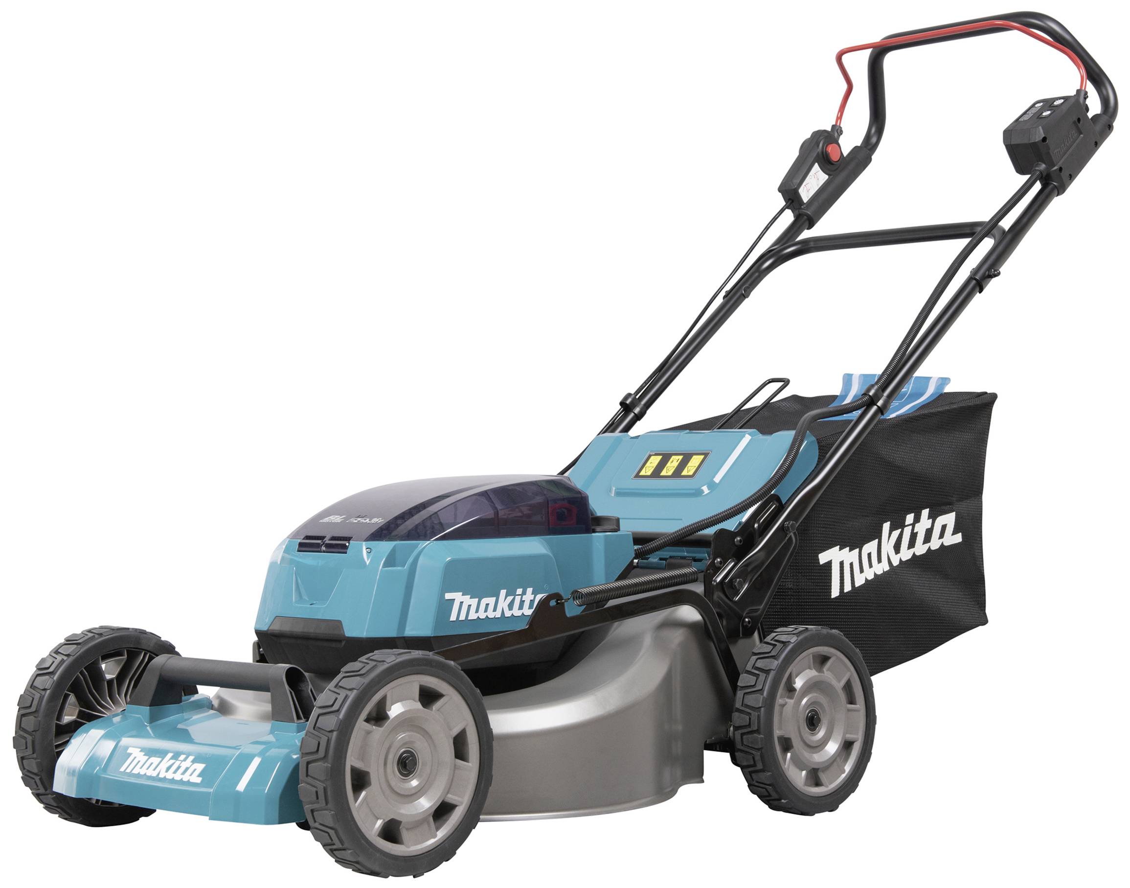 Ein blauer Rasenmäher mit schwarzem Griff und Fangkorb. Aufschrift 'Makita' sichtbar. Der Mäher steht auf einer weißen Fläche.